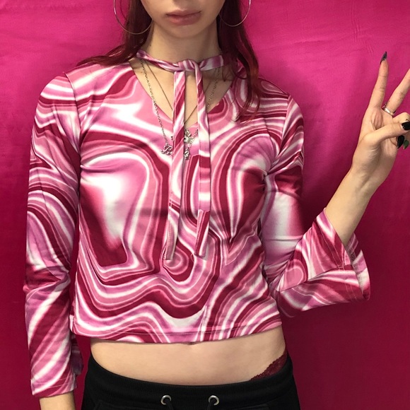 90’s Ravegirl Warped Pattern Tie Choker Crop Top